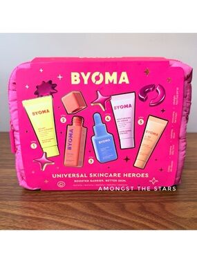 BYOMA Universal Skincare Heroes 5 Piece Set in Pink Quilted Makeup Bag